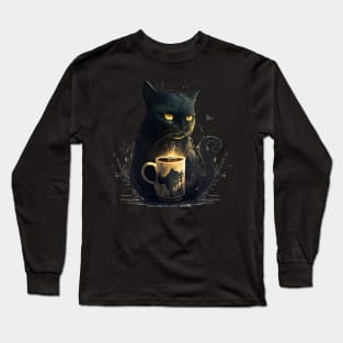 Black Cat Drinking Coffee, Coffee Cat Lover Long Sleeve T-Shirt